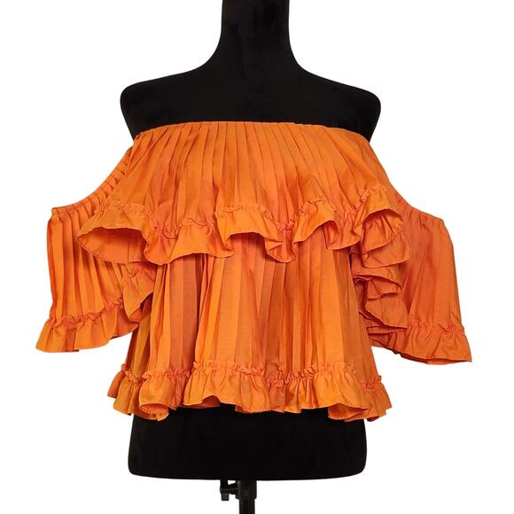 STRUT & BOLT Orange Pleated Ruffle Off The Shoulder Top, Size Large - Picture 1 of 9